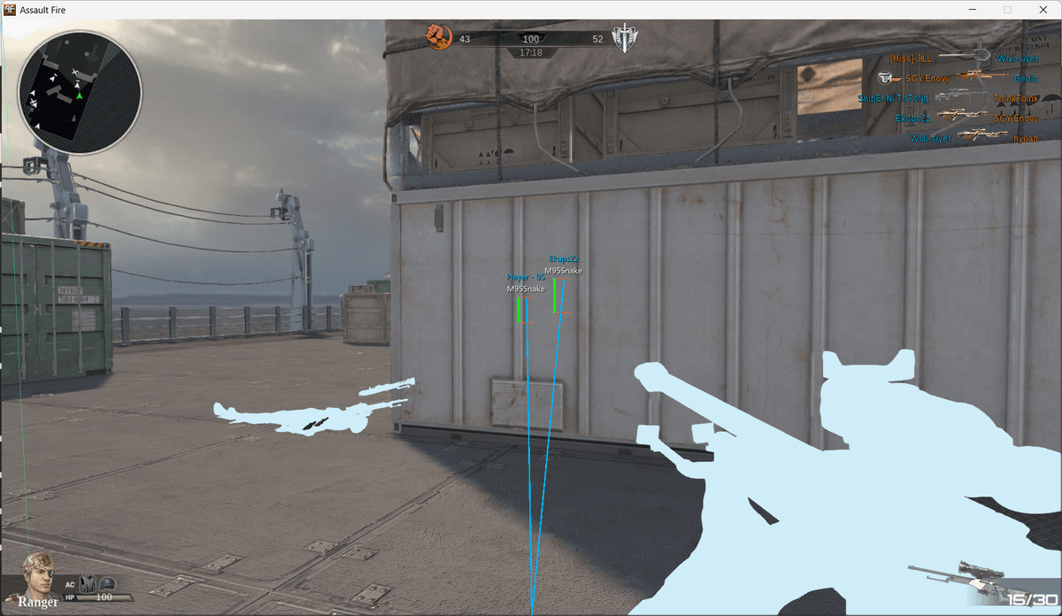 Assault Fire PH live in-game combat showing Cham Wallhack, Snaplines, and 2D Box ESP